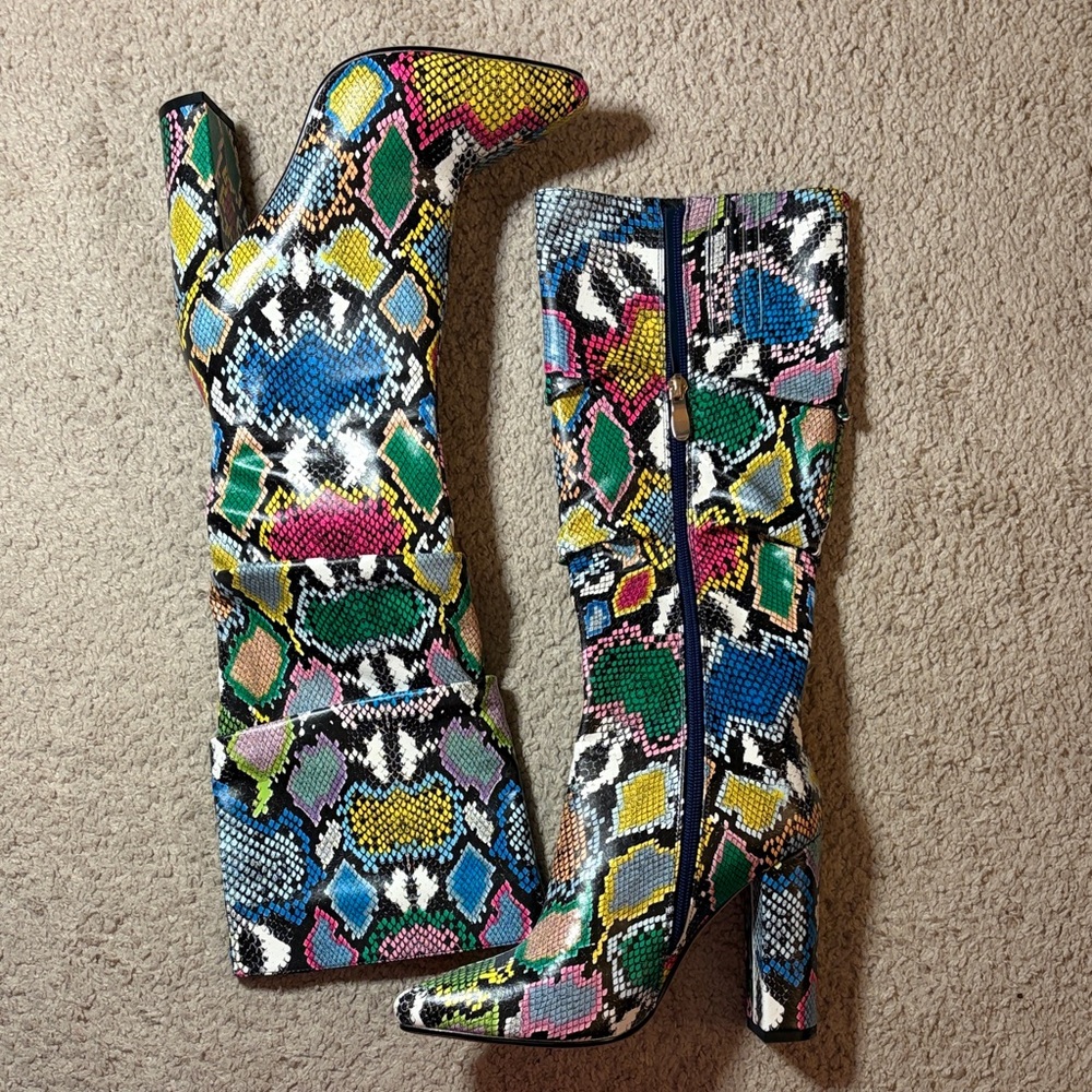 Wet Kiss Colorful Snakeskin Pattern Knee-High Boots with Zipper Size 7 Y2K Retro